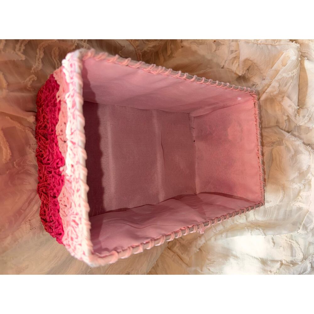 pink homemade pink boho crochet box lined vanity table boho storage cottage core